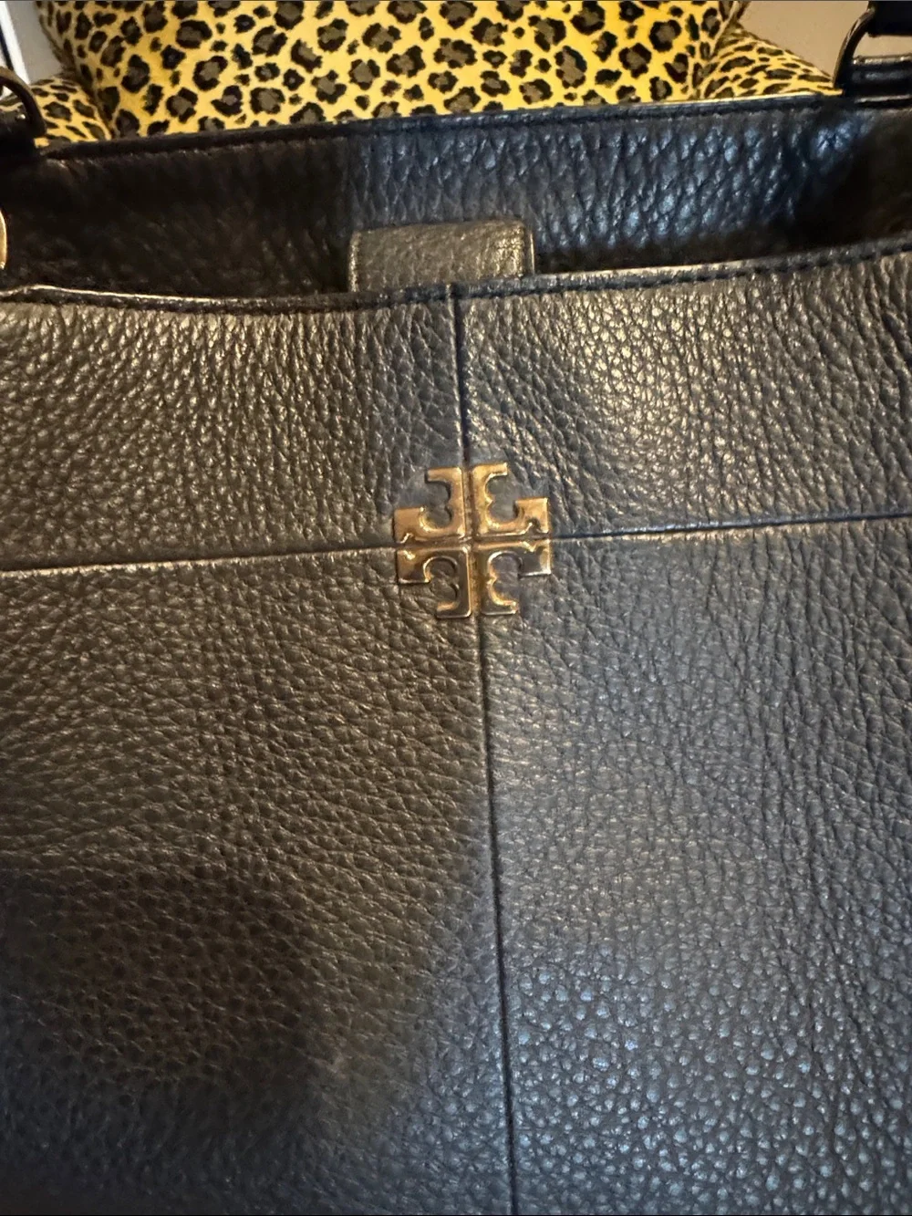 Tory Burch Black Pebbled Leather Satchel with Gold Logo